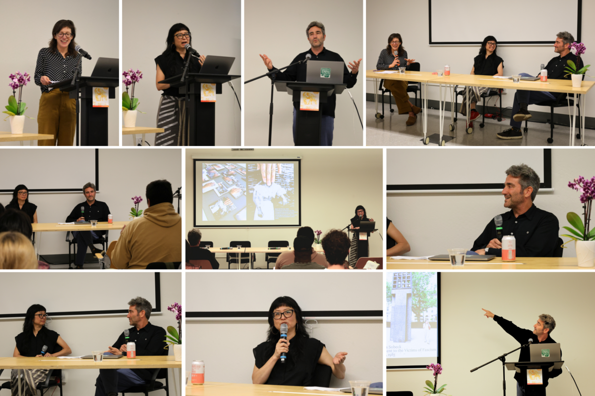 Collage of a presentation event with speakers at a podium, a seated panel discussion, and a projected slideshow.