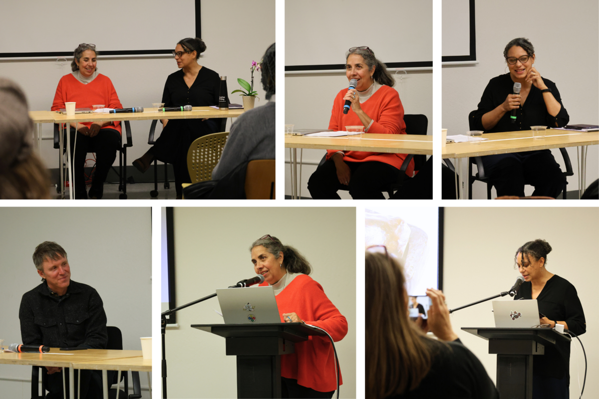 Collage of an indoor event showing two speakers, one in a red sweater and another in black, engaging with microphones. Additional images feature podium presentations.
