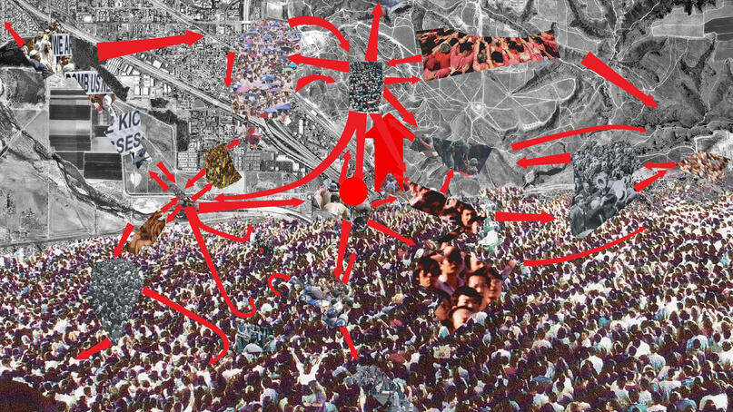 Abstract collage of people and news text, with a red line running through it