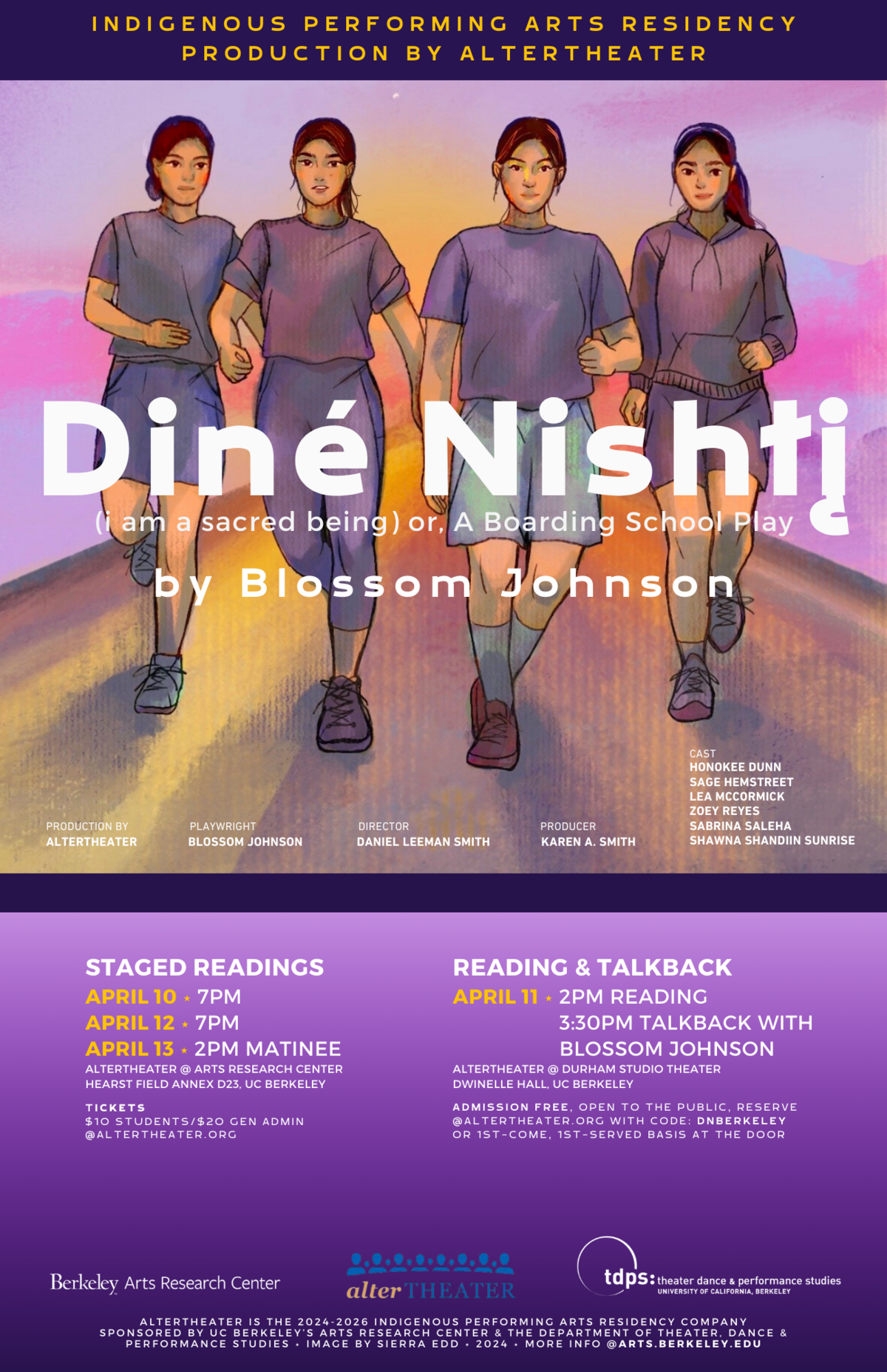 Poster for production by AlterTheater titled "Diné Nishłį́ (I am a sacred being) or, A Boarding School Play" by Blossom Johnson: features four individuals walking side by side, dressed in blue shirts and purple pants