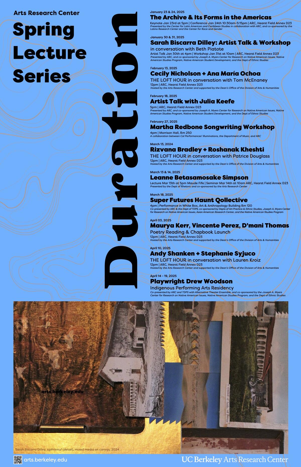 blue poster with theme Duration for spring 2025