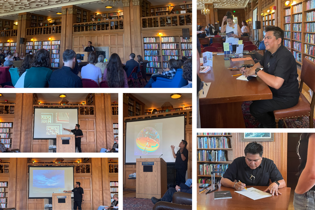 A collage of images showing a speaker presenting and signing in a library with wooden bookshelves.