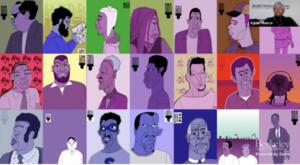 A grid featuring illustrated portraits of various individuals on different colored backgrounds, with a live video feed of a person labeled "Ajuan Mance" in the top right corner.