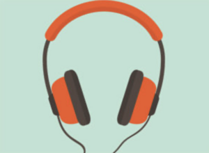 Illustration of orange and black headphones on a light blue background.