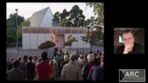 A crowd gathers in front of a modern rectangular building; smaller inset of a person indoors and an ARC logo.