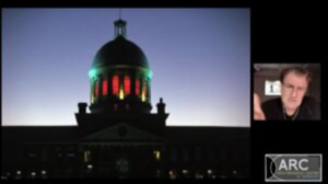 A domed building lit with red and green lights at twilight; inset shows a person indoors and a logo with "ARC."