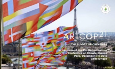 Colorful flags waving in front of the Eiffel Tower with event information text overlay.