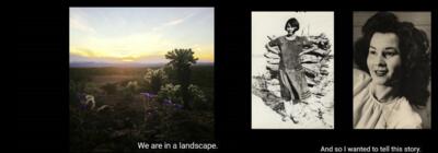 A collage of a sunset landscape, a young girl outdoors in a black-and-white photo, and a black-and-white portrait of a smiling woman.