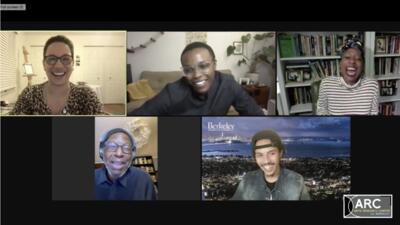 A screenshot of a video conference call with six participants, all smiling or laughing. The bottom right frame contains a logo that reads "ARC Arts Research Center UC Berkeley".