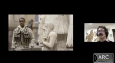 Split-screen image with statues on the left and a man with curly hair and a mustache on the right. Below the man’s image is a logo with the text "ARC Archaeology Center."