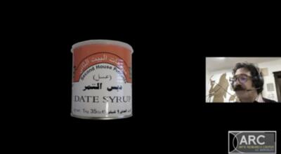  a can of date syrup with bilingual Arabic and English text on the left; a man with a headset is shown on the right. A logo at the bottom right reads "ARC ARTS RESEARCH CENTER UC BERKELEY."