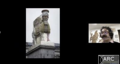 Photo of an intricate mythical creature statue and a man with glasses and headset speaking; ARC Arts Research Center, UC Berkeley logo in the bottom right.