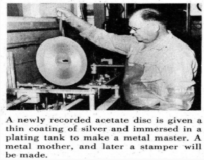  "A newly recorded acetate disc is given a thin coating of silver and immersed in a plating tank to make a metal master. A metal mother, and later a stamper will be made."