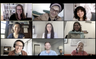 A grid of nine people on a video call, each in a separate frame, smiling or looking at the camera.