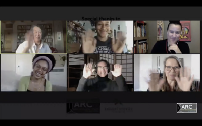 A video call screenshot showing six people waving and smiling, with backgrounds including bookshelves, shoji screens, and modern wall art.