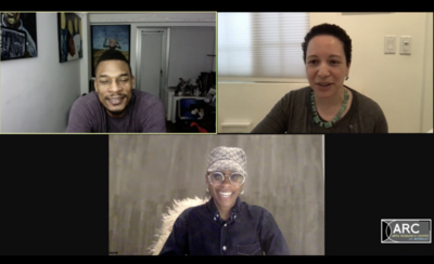 Three people in a virtual meeting with the ARC logo in the corner.